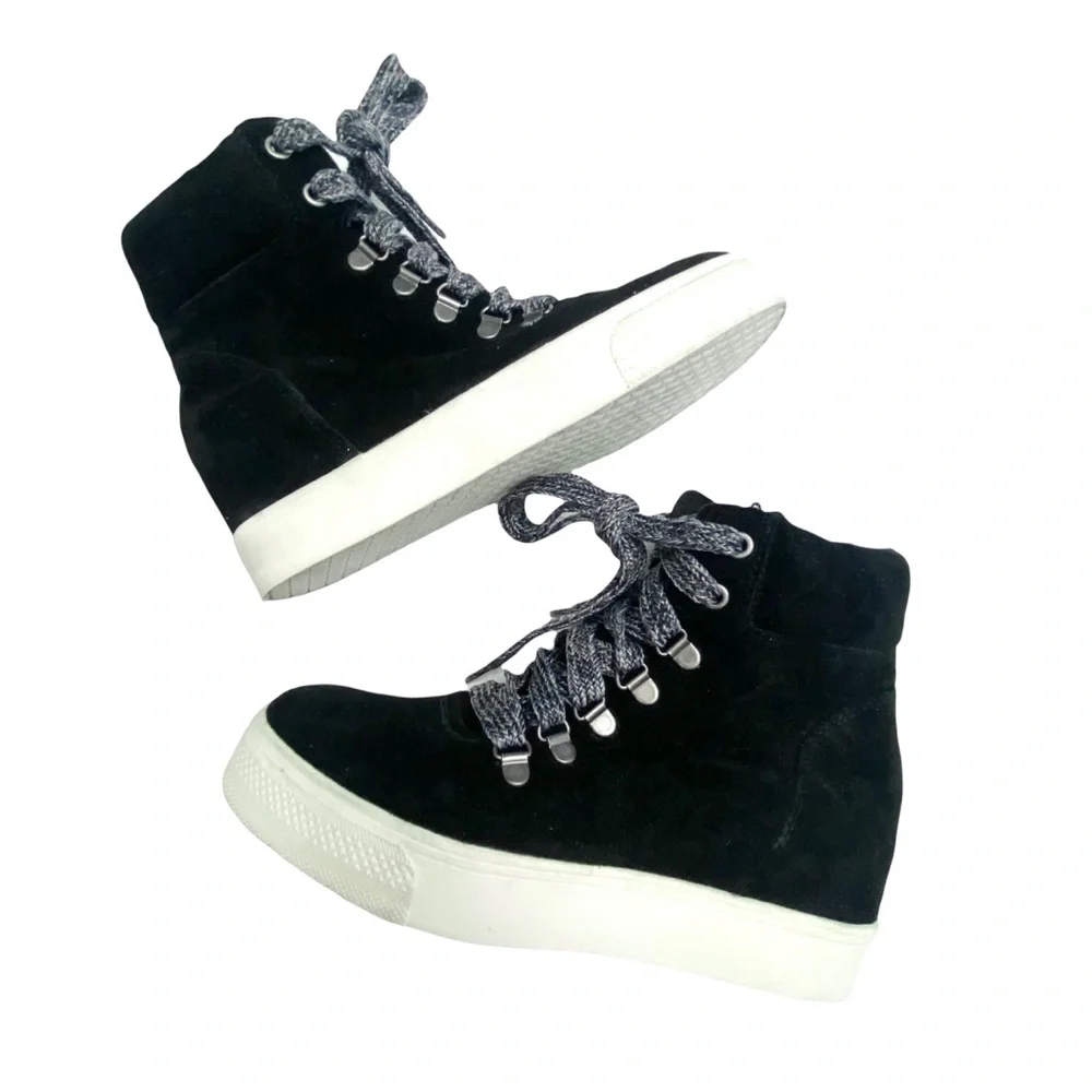Steve Madden Catch Black Genuine Suede Leather Hidden Wedge Sneaker Bootie 6.5 M - Picture 7 of 11